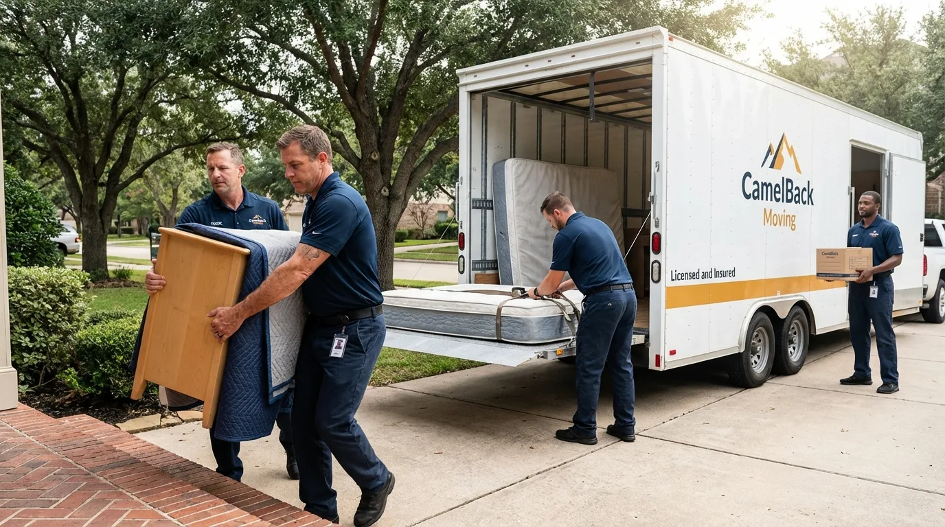 Crew loading residential truck for cross-state move from North Manchester, IN