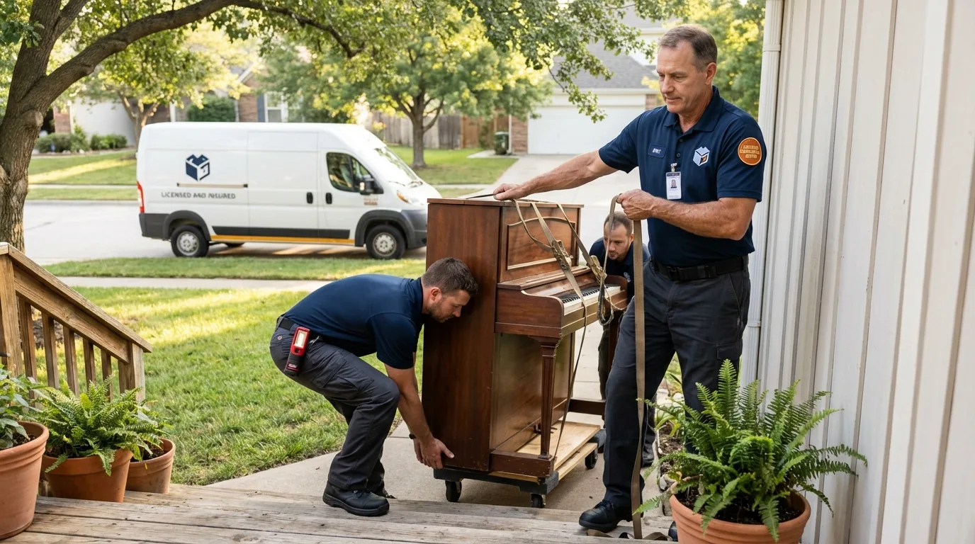 Licensed piano movers securing grand piano in North Manchester, IN