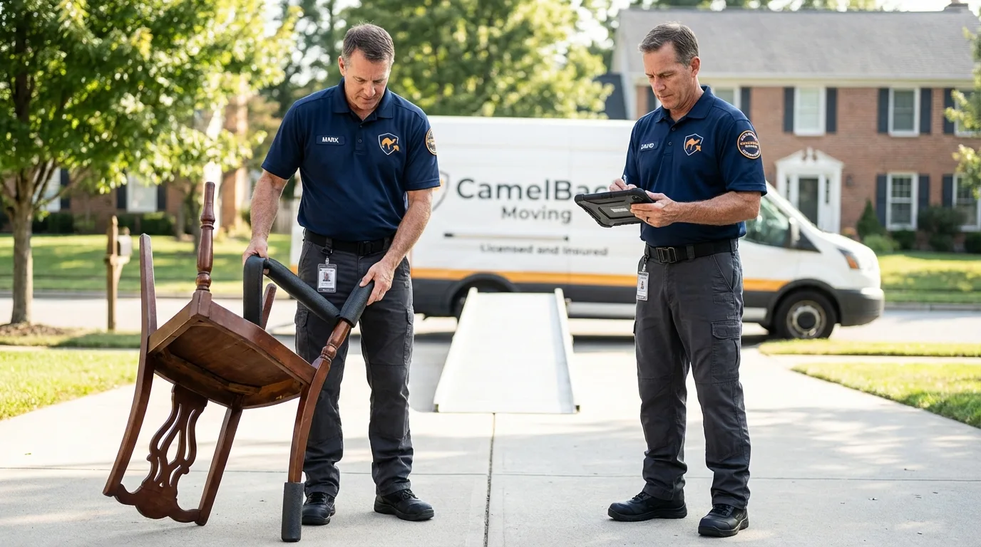 Movers inspecting furniture for damage prevention before loading in North Manchester, IN