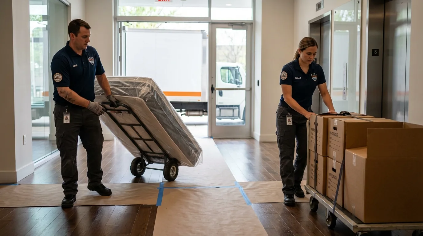 Professional apartment movers loading elevator in North Manchester, IN