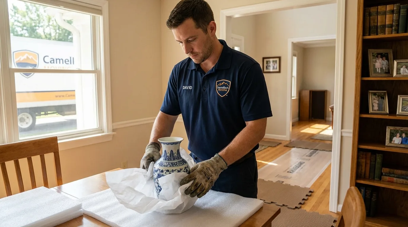 Professional crew carefully wrapping antique vase for senior downsizing move in North Manchester, IN